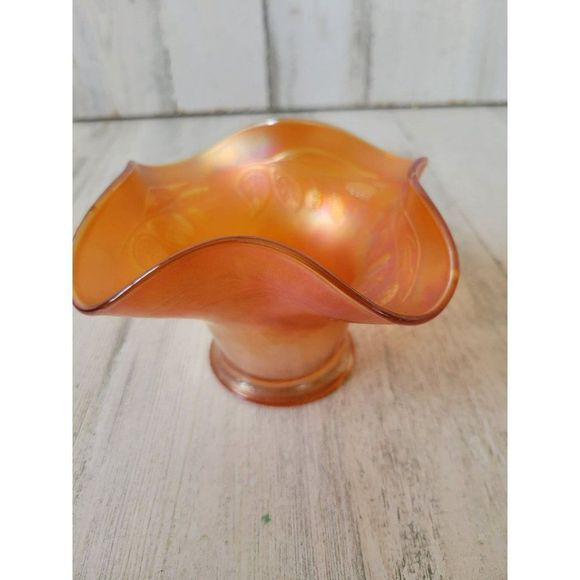 Fenton marigold Orange opalescent vase carnival leaf baseball vintage - Picture 2 of 8